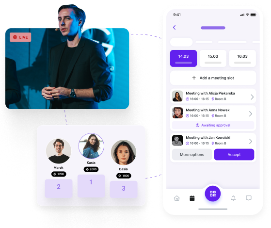 Trzy elementy przedstawiające funkcjonalności social wall na platformie Gridaly, profil przykładowej firmy oraz spotkanie zapisane w kalendarzu